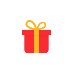 Gift box icon. Present symbol. Christmas red gift with orange ribbon isolated on the white background. Vector illustration.