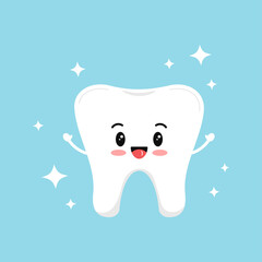 Cute strong tooth molar with sparkles. Flat design cartoon style smiling healthy character vector illustration. Happy white tooth isolated on background. Children teeth hygiene and whitening concept.