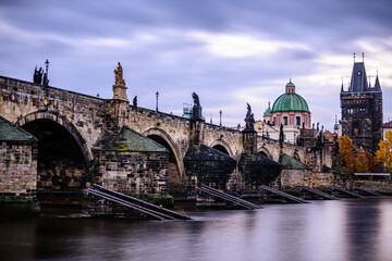 An autumn morning at the Charles Bridge in the historic center of Prague. 