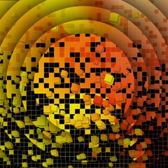 circular concentric fantasy futuristic grid geometric image in yellow, shades of orange  on a black background