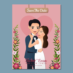  Wedding invitation card the bride and groom cute couple cartoon character.Vector illustration