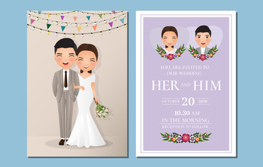  Wedding invitation card the bride and groom cute couple cartoon character.Colorful vector illustration for event celebration 