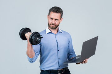 Online work gym that helps spur productivity. Manager hold laptop curling dumbell. Strength...
