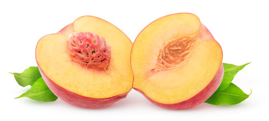 Isolated halved peach. Fresh peach fruit cut in half isolated on white background
