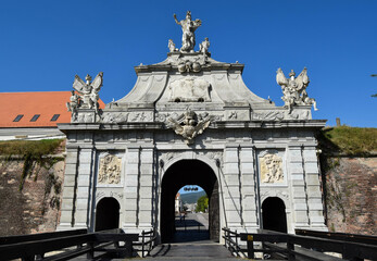 Alba Iulia, Romania - September 20, 2020. View at Third Gate, the principal gate for entrance in medieval fortress of Alba Iulia (Carolina).