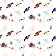 Nutcracker ballet Christmas collection. A set of vector elements. Ballerina, mouse king, horse. Seamless pattern