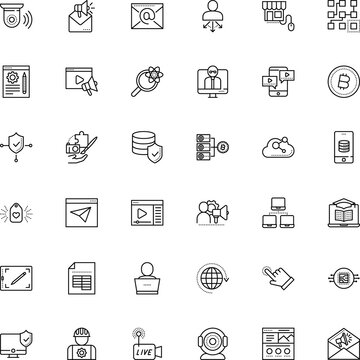 internet vector icon set such as: backup, agreement, interaction, drawing, sphere, excel, magnifier, music, tune, isometric, usability, prototype, lens, geography, magnify, symbols, plan, gadgets