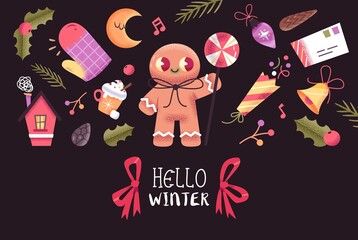 Christmas or New Year Card With Cute Christmas Characters And Objects.