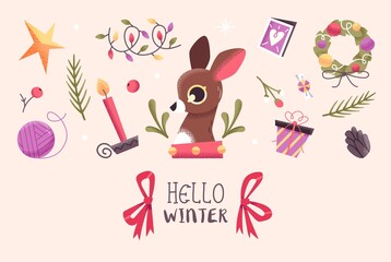 Christmas or New Year Card With Cute Christmas Characters And Objects.