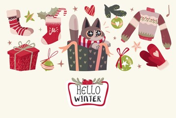 Christmas or New Year Card With Cute Christmas Characters And Objects.