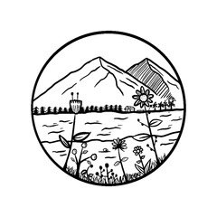 View of the flowers by the river with mountains background. Hand drawn doodle illustration