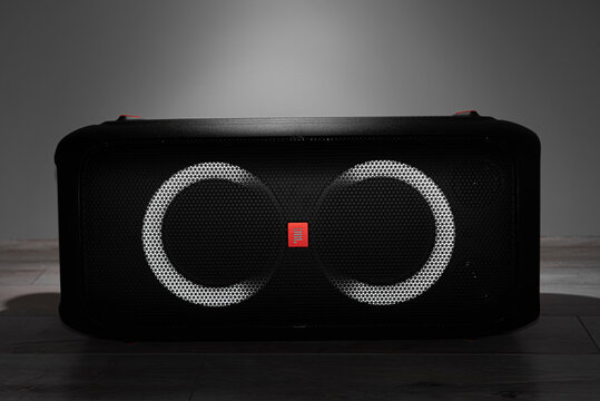 Uzhgorod, Ukraine - November 19, 2020: JBL Partybox 310 - new portable speaker from JBL. JBL Partybox 310 - Portable party speaker with dazzling lights and powerful JBL Pro Sound.