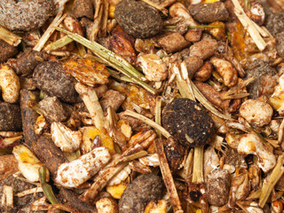 elite muesli  background for  sportive  horses. flat lay. macro shot