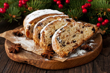 Traditional homemade  Christmas  stollen with dried fruits and nuts