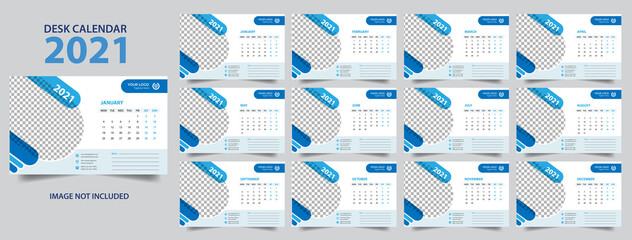 Desk calendar for 2021 year in clean minimal style. Corporate Business design planner template. Week Starts on Sunday. Set of 12 Months. Ready for print.trendy background, vector layout, printing.
