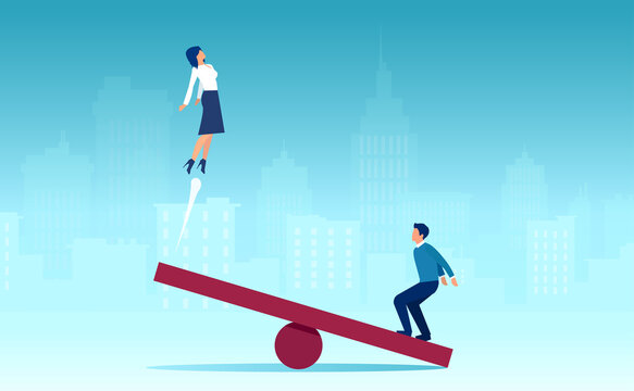 Vector of a man jumping on a seesaw helping a woman to fly up on the other side
