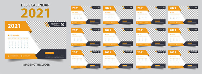 Desk calendar for 2021 year in clean minimal style. Corporate Business design planner template. Week Starts on Sunday. Set of 12 Months. Ready for print.trendy background, vector layout, printing.
