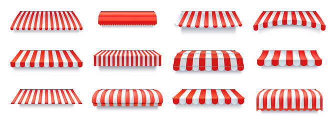 Shop canopy. Cafe sunshade, store awning or roof with red and white stripes isolated vector set © fim.design