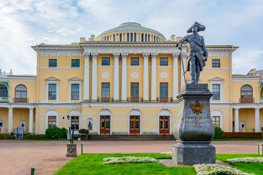 Pavlovsk palace and Pavel the first monument, Saint Petersburg, Russia