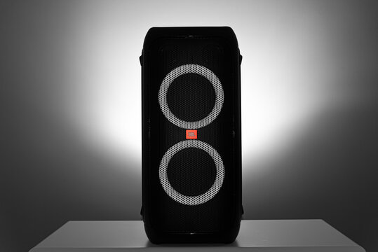 Uzhgorod, Ukraine - November 19, 2020: JBL Partybox 310 - new portable speaker from JBL. JBL Partybox 310 - Portable party speaker with dazzling lights and powerful JBL Pro Sound.