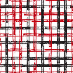 Checkered Seamless pattern. Black red white grunge stroke crossed stripes vector background