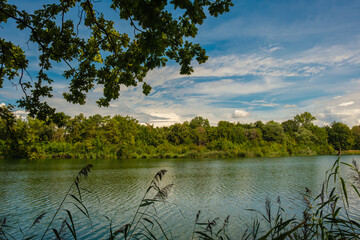 Eine schöne Fluss-/Ufer-Landschaft im Sommer mit blauem Himmel