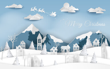 Obraz na płótnie Canvas card or banner on Merry Christmas in white with mountains and a village in blue and white and a gradient blue sky with clouds and Santa's sleigh in white