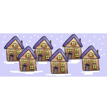 Watercolor houses village template, illustration for banner, New Year greeting card.