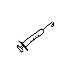 Medical syringe icon with medicine. A drop of medicine drips from the needle. Icon on a white background. Vector illustration in doodle style. Hand drawing.