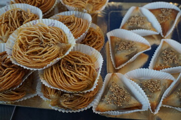 closeup of exotic pastries at the market