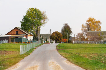 Paved road, green field and the outskirts of the village in summer. Village house.