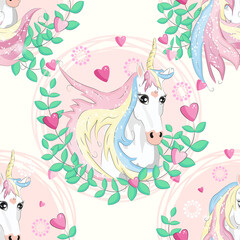 Seamless pattern with unicorns, donuts rainbow, confetti and other elements