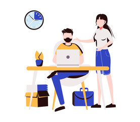 Young man is sitting at a desk with monitor and his colleague is pointing to a screen and giving advice. Business tutor, mentor, trainer. Office business concept. Modern vector illustration.