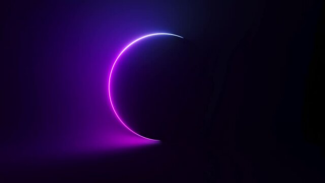 Abstract circular neon background. Fluorescent glowing neon glowing light gradient. Seamless loop 3d render