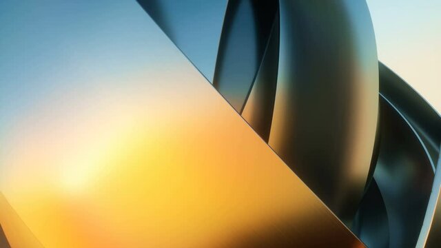 Glossy curved silver metallic stripes reflecting daylight. Geometric tech abstract motion graphics orange to blue gradient background. 3d render loopable animation Ultra HD 4K 3840x2160