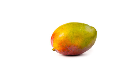 Fruit background with ripe mango on white background. Side view with space for copying. Concept of useful products.