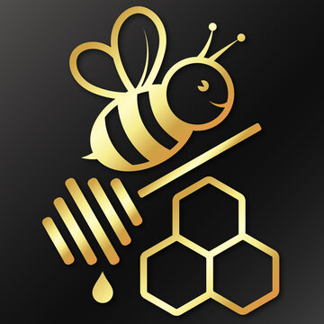 Bee flies and honeycomb golden symbol on black background