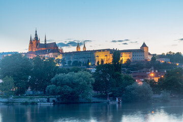 View of hill in old town of Prague at sunset time.