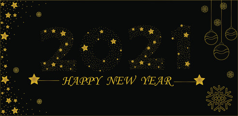 Tarjeta, folleto de felicitación para el nuevo año 2021, fondo negro, con decoración en color dorado