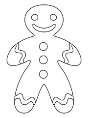 Funny cartoon gingerbread man coloring page stock vector illustration. Smiling simple winter holidays character for printing and fun. Merry Christmas funny home children pastime. One of a series