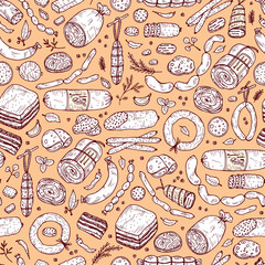 Food. Sausages Seamless pattern. Hand drawn doodle Meat products: Ready sausage, bacon, sliced saveloy, sausage, spicy pepperoni, smoked sausages, stick of salami, baked meatloaf, frankfurters