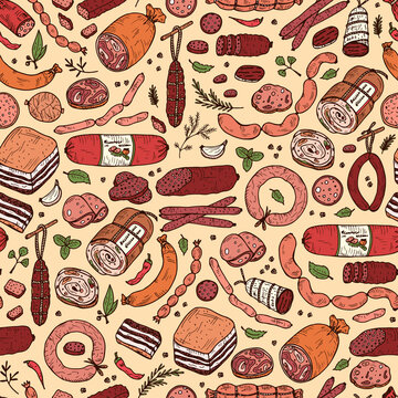 Food. Sausages Seamless Pattern. Hand Drawn Doodle Meat Products: Ready Sausage, Bacon, Sliced Saveloy, Sausage, Spicy Pepperoni, Smoked Sausages, Stick Of Salami, Baked Meatloaf, Frankfurters