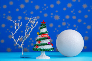 Christmas decorations on blue background with stars