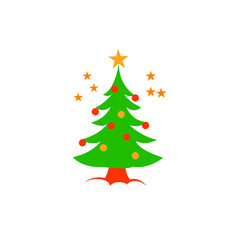 Green Christmas tree as a symbol of Happy New Year, Marry Christmas holiday celebration. Sparkle light decoration. Bright shiny design. Vector flat illustration, isolated objects.