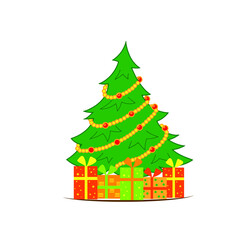 Green Christmas tree as a symbol of Happy New Year, Marry Christmas holiday celebration. Sparkle light decoration. Bright shiny design. Christmas gift box.Vector flat illustration, isolated objects.