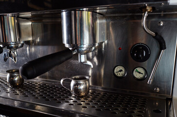 Closeup image of coffee machine. Professional coffee brewing