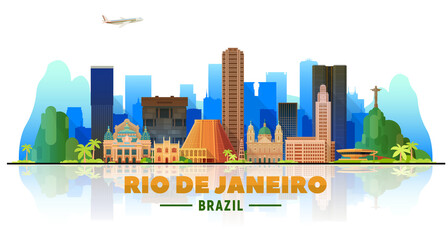 Rio De Janeiro (Brazil) skyline with panorama in white background. Vector Illustration. Business travel and tourism concept with modern buildings. Image for presentation, banner, web site.