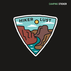 Camping adventure sticker design. Travel hand drawn patch. Hiker lust label isolated. Stock vector