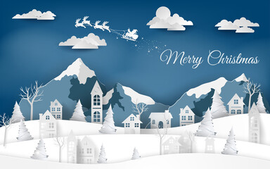 card or banner on Merry Christmas in white with mountains and a village in blue and white and a gradient blue sky with clouds and Santa's sleigh in white