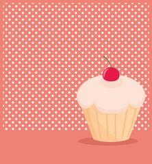 Cherry vector cupcake on white polka dots pink background